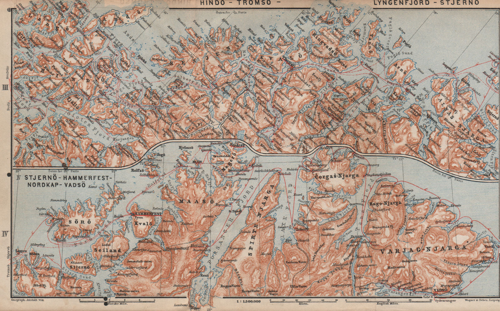 NORWAY NORTH COAST. Tromso-North Cape/Nordkapp-Vadso Topo-map. Norway 1899